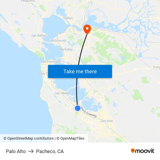 Palo Alto to Pacheco, CA map