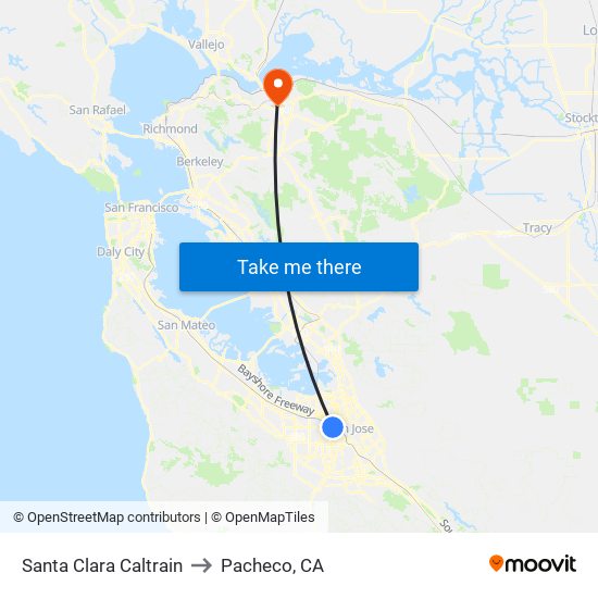 Santa Clara Caltrain to Pacheco, CA map