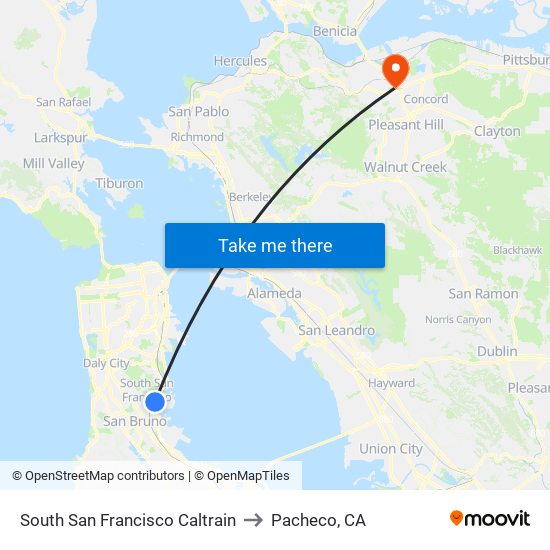 South San Francisco Caltrain to Pacheco, CA map