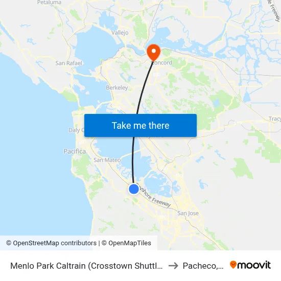 Menlo Park Caltrain (Crosstown Shuttle Stop) to Pacheco, CA map