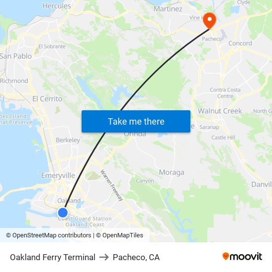 Oakland Ferry Terminal to Pacheco, CA map