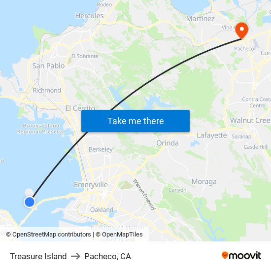 Treasure Island to Pacheco, CA map