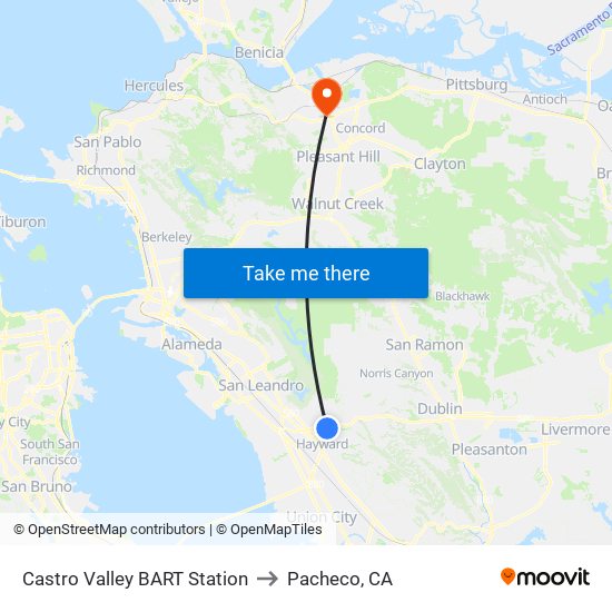 Castro Valley BART Station to Pacheco, CA map