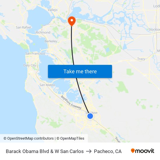 Barack Obama Blvd & W San Carlos to Pacheco, CA map