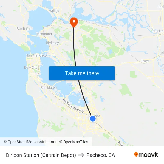 Diridon Station (Caltrain Depot) to Pacheco, CA map