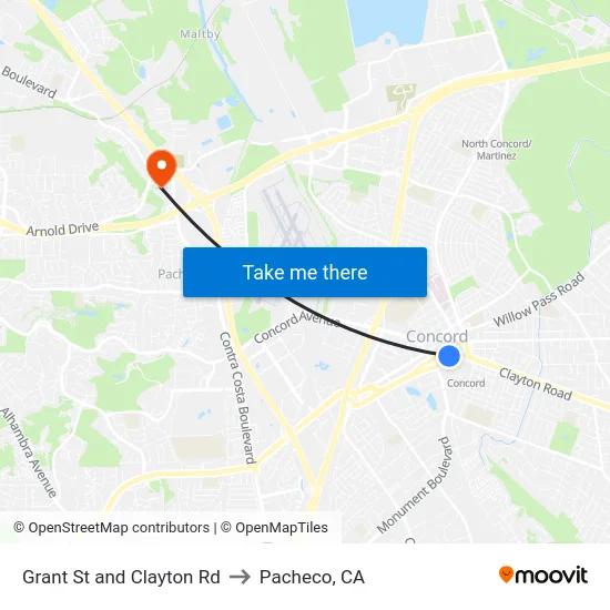 Grant St and Clayton Rd to Pacheco, CA map