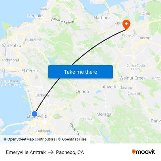 Emeryville Amtrak to Pacheco, CA map