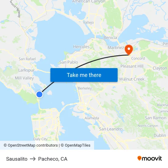 Sausalito to Pacheco, CA map