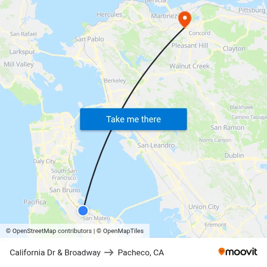 California Dr & Broadway to Pacheco, CA map