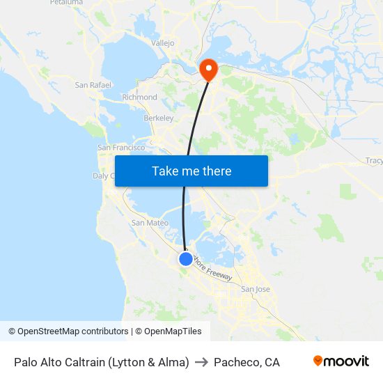 Palo Alto Caltrain (Lytton & Alma) to Pacheco, CA map