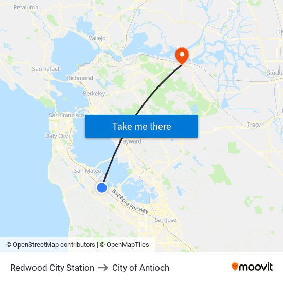 Redwood City Station to City of Antioch map