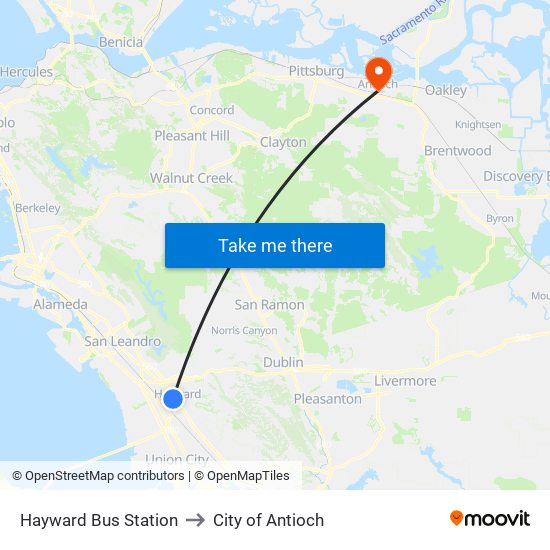 Hayward Bus Station to City of Antioch map