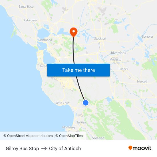 Gilroy Bus Stop to City of Antioch map