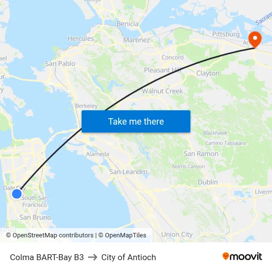 Colma BART-Bay B3 to City of Antioch map