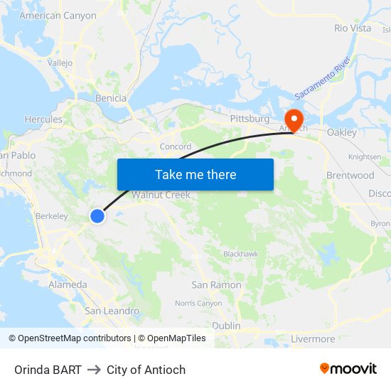 Orinda BART to City of Antioch map