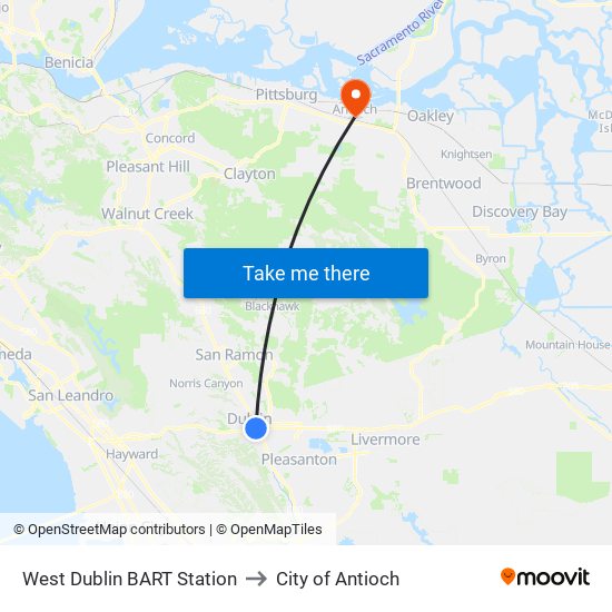 West Dublin BART Station to City of Antioch map