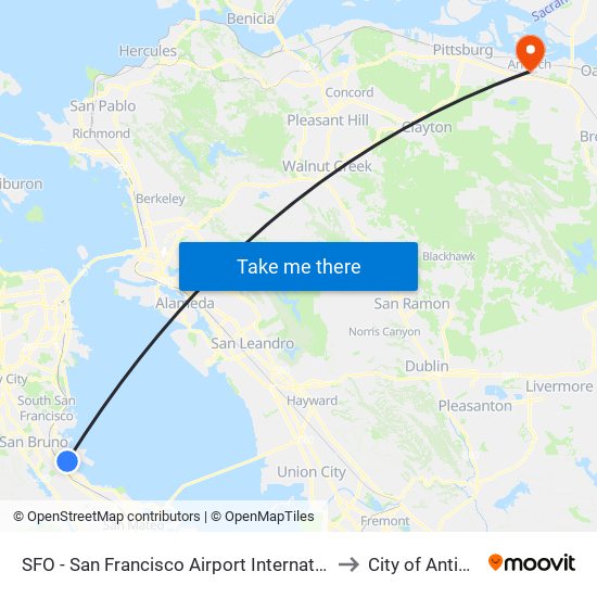 SFO - San Francisco Airport International to City of Antioch map