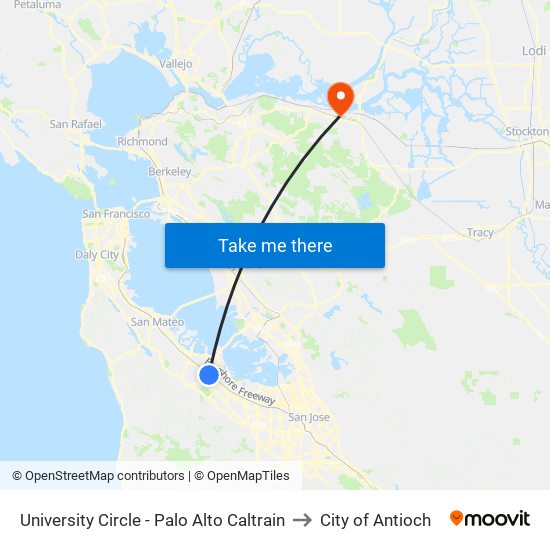 University Circle - Palo Alto Caltrain to City of Antioch map