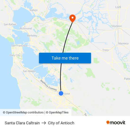 Santa Clara Caltrain to City of Antioch map