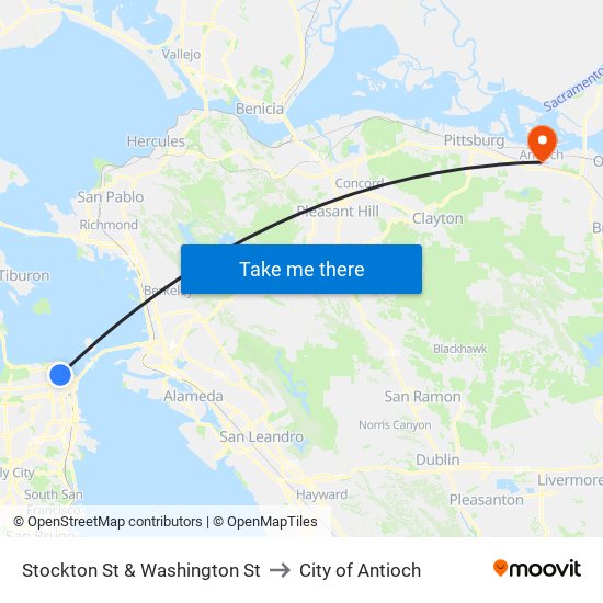 Stockton St & Washington St to City of Antioch map