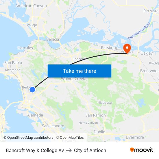 Bancroft Way & College Av to City of Antioch map