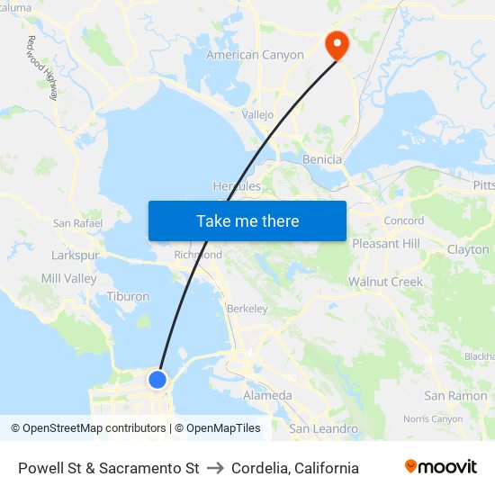 Powell St & Sacramento St to Cordelia, California map