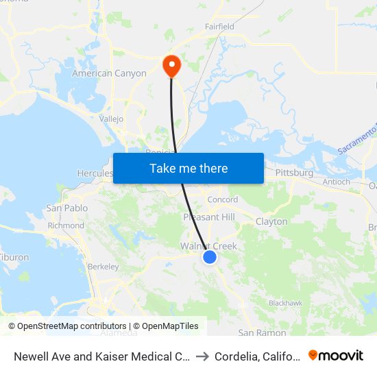 Newell Ave and Kaiser Medical Center to Cordelia, California map