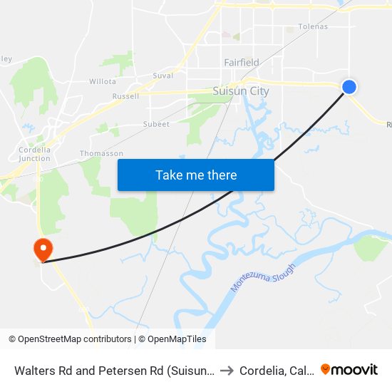 Walters Rd and Petersen Rd  (Suisun City Walmart) to Cordelia, California map