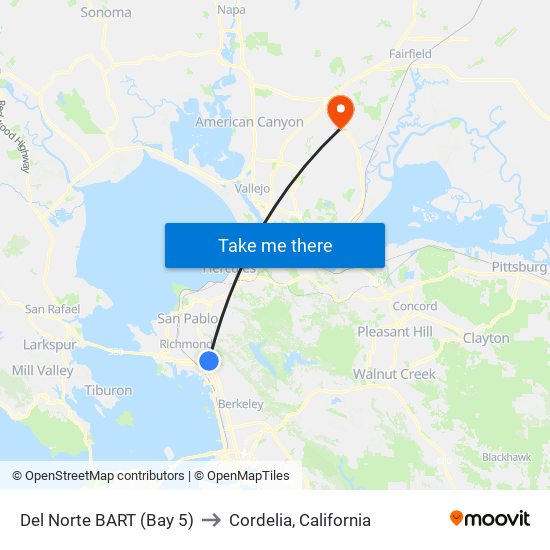 Del Norte BART (Bay 5) to Cordelia, California map
