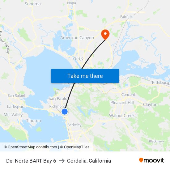 Del Norte BART Bay 6 to Cordelia, California map