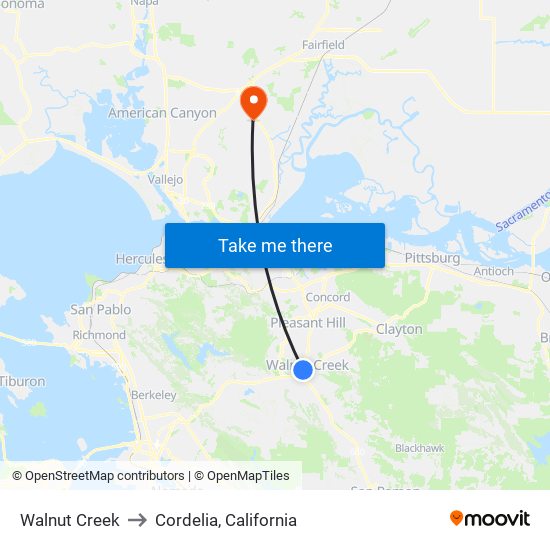 Walnut Creek to Cordelia, California map