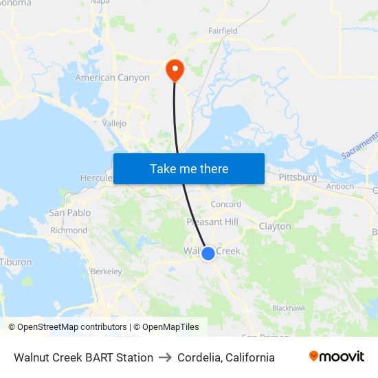 Walnut Creek BART Station to Cordelia, California map