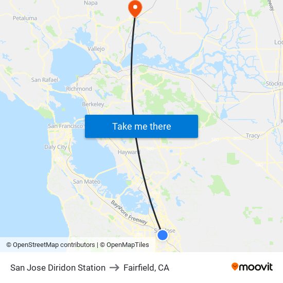 San Jose Diridon Station to Fairfield, CA map