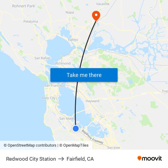 Redwood City Station to Fairfield, CA map