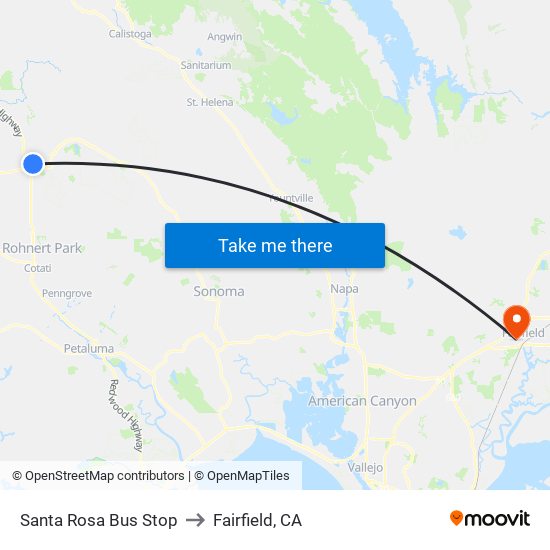 Santa Rosa Bus Stop to Fairfield, CA map