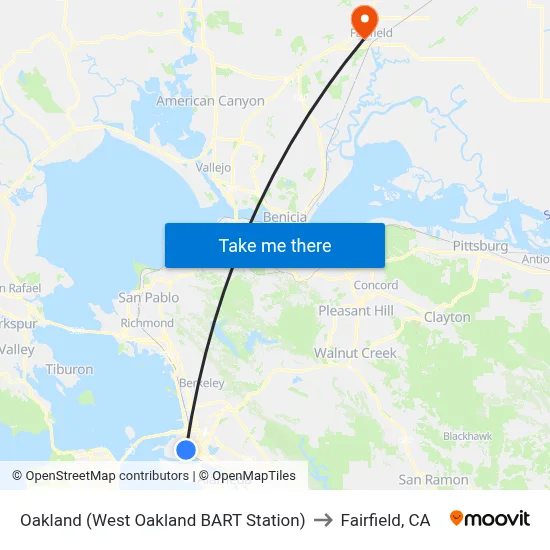 Oakland (West Oakland BART Station) to Fairfield, CA map