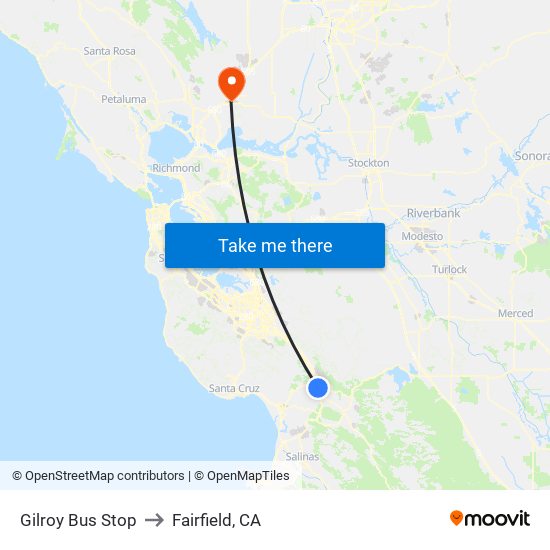 Gilroy Bus Stop to Fairfield, CA map