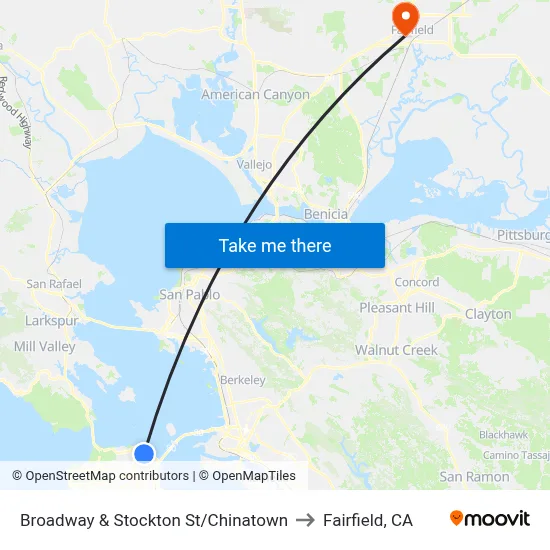 Broadway & Stockton St/Chinatown to Fairfield, CA map