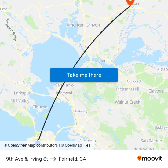 9th Ave & Irving St to Fairfield, CA map