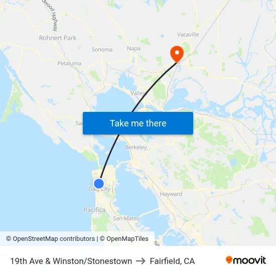 19th Ave & Winston/Stonestown to Fairfield, CA map