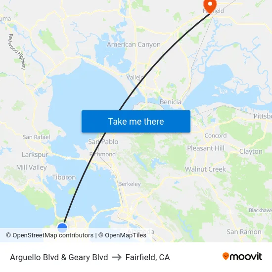 Arguello Blvd & Geary Blvd to Fairfield, CA map