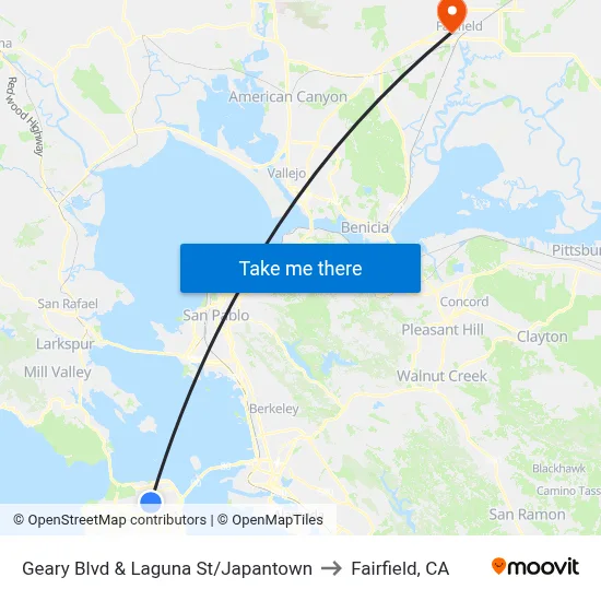 Geary Blvd & Laguna St/Japantown to Fairfield, CA map