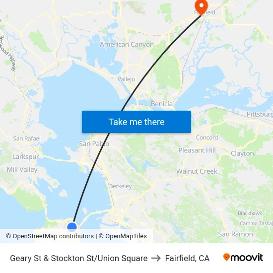 Geary St & Stockton St/Union Square to Fairfield, CA map
