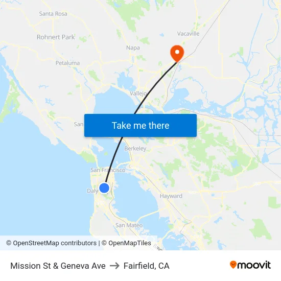 Mission St & Geneva Ave to Fairfield, CA map