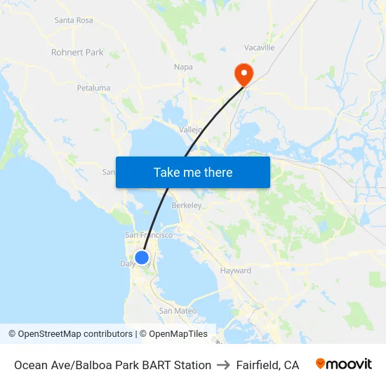 Ocean Ave/Balboa Park BART Station to Fairfield, CA map