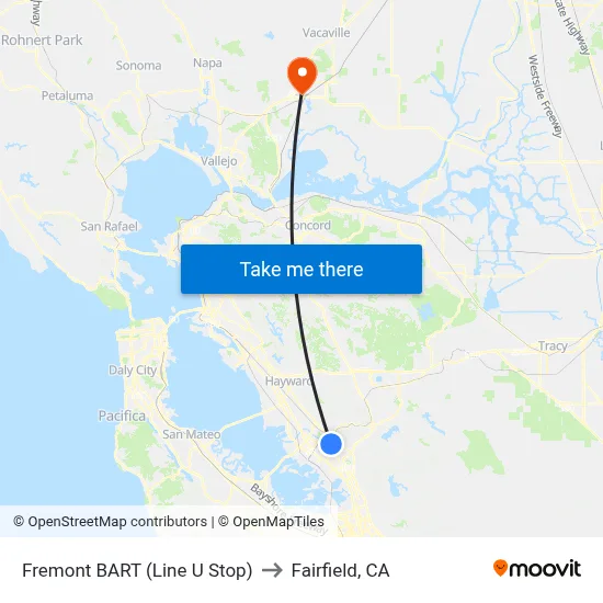 Fremont BART (Line U Stop) to Fairfield, CA map