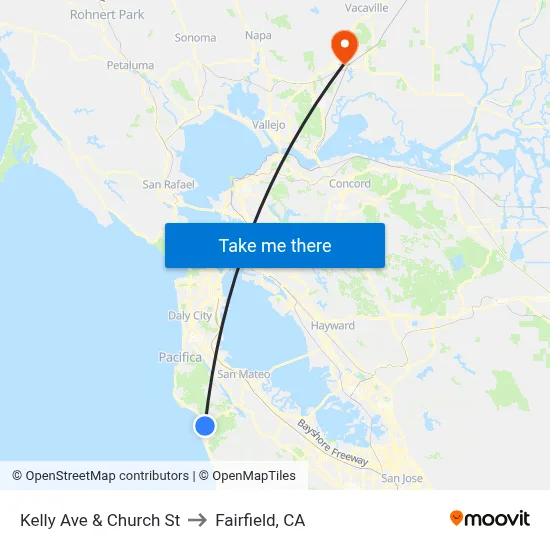 Kelly Ave & Church St to Fairfield, CA map
