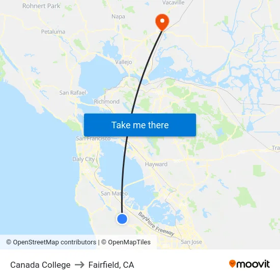 Canada College to Fairfield, CA map