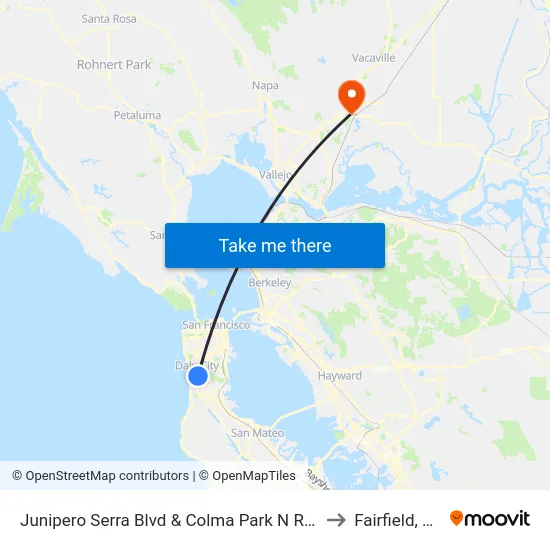 Junipero Serra Blvd & Colma Park N Ride to Fairfield, CA map