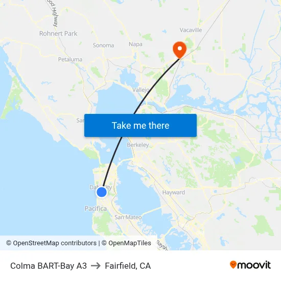 Colma BART-Bay A3 to Fairfield, CA map